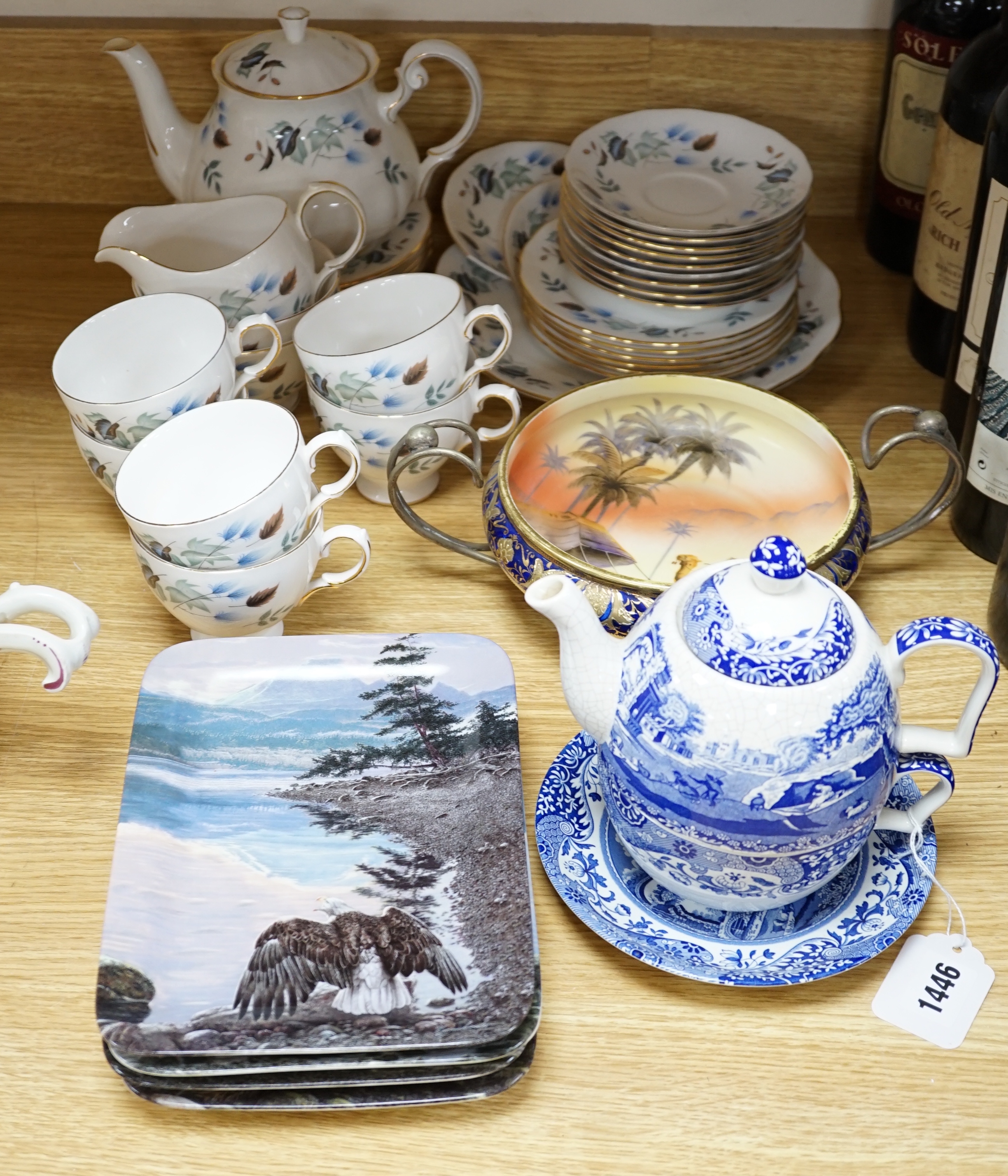 A Noritake ‘Egypt sunset scene’ bowl, a blue and white teapot and a Colclough teaset together with a set of four Bradex rectangular “Wild Wings” plates, 22cm high